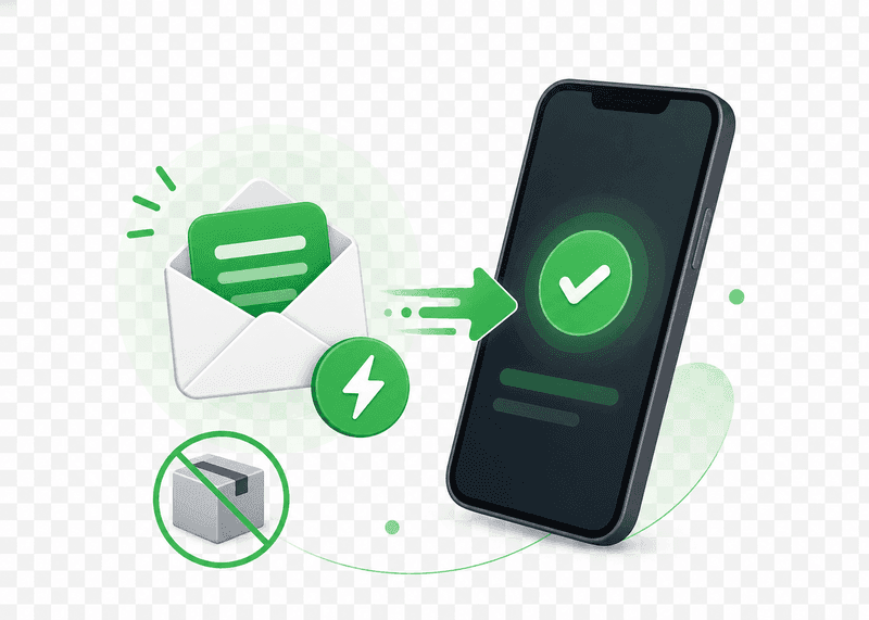Livraison digitale AKIBASTORE — enveloppe AK, smartphone WhatsApp/email, checkmark
