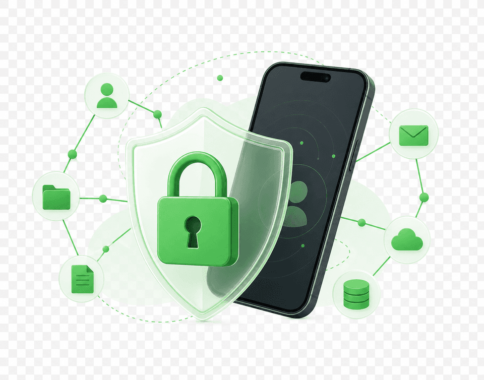 Protection des données AKIBASTORE — bouclier transparent avec smartphone et réseau sécurisé