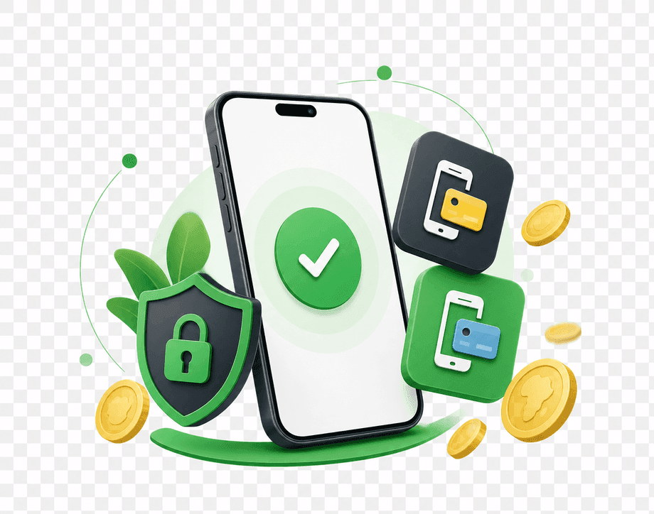 Paiement mobile sécurisé AKIBASTORE — smartphone avec checkmark, bouclier et tokens Mobile Money